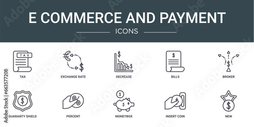set of 10 outline web e commerce and payment icons such as tax, exchange rate, decrease, bills, broker, guaranty shield, percent vector icons for report, presentation, diagram, web design, mobile