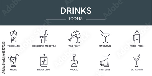 set of 10 outline web drinks icons such as tom collins, corkscrews and bottle of wine, wine toast, manhattan, french press, mojito, energy drink vector icons for report, presentation, diagram, web
