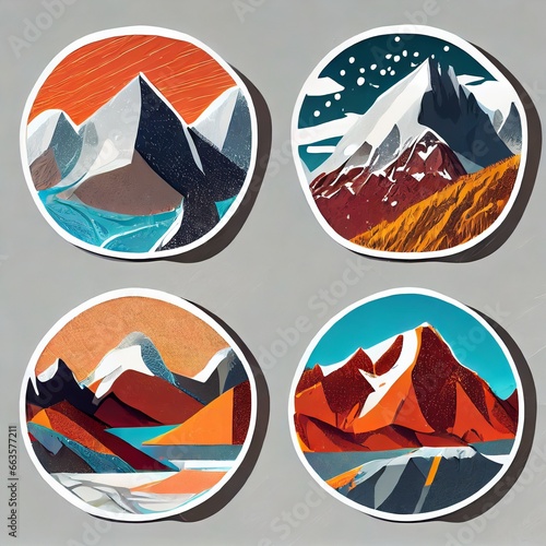 Plancha de stickers para pegar en mates o termos viajeros. Ilustracion de paisajes con montañas rocosas photo