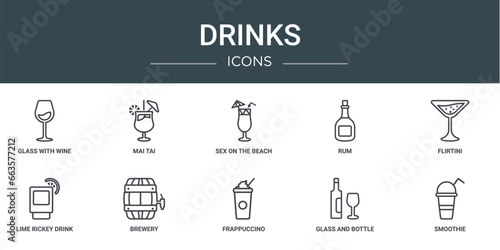 set of 10 outline web drinks icons such as glass with wine, mai tai, sex on the beach, rum, flirtini, lime rickey drink, brewery vector icons for report, presentation, diagram, web design, mobile