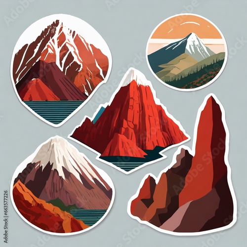 Plancha de stickers para pegar en mates o termos viajeros. Ilustracion de paisajes con montañas rocosas photo