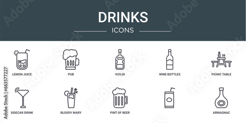 set of 10 outline web drinks icons such as lemon juice, pub, violin, wine bottles, picnic table, sidecar drink, bloody mary vector icons for report, presentation, diagram, web design, mobile app