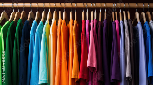 Rainbow colors. Assorted colorful t-shirts on wooden hangers. Vibrant casual clothing on a clothes rack in a store.