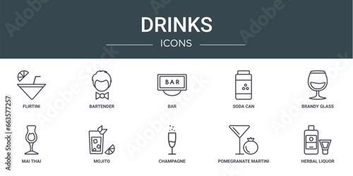 set of 10 outline web drinks icons such as flirtini, bartender, bar, soda can, brandy glass, mai thai, mojito vector icons for report, presentation, diagram, web design, mobile app