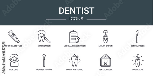 set of 10 outline web dentist icons such as toothpaste tube, examination, medical prescription, molar crown, dental probe, sick girl, dentist mirror vector icons for report, presentation, diagram,