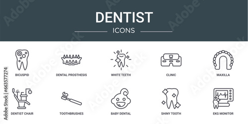 set of 10 outline web dentist icons such as bicuspid, dental prosthesis, white teeth, clinic, maxilla, dentist chair, toothbrushes vector icons for report, presentation, diagram, web design, mobile