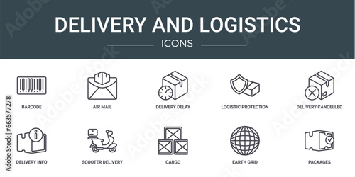 set of 10 outline web delivery and logistics icons such as barcode, air mail, delivery delay, logistic protection, delivery cancelled, info, scooter vector icons for report, presentation, diagram, © Digital Bazaar