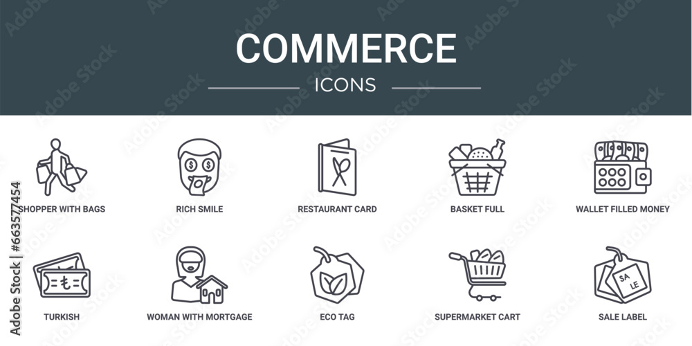 Fototapeta premium set of 10 outline web commerce icons such as shopper with bags, rich smile, restaurant card, basket full, wallet filled money tool, turkish, woman with mortgage vector icons for report,