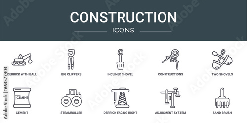 set of 10 outline web construction icons such as derrick with ball, big clippers, inclined shovel, constructions, two shovels, cement, steamroller vector icons for report, presentation, diagram, web