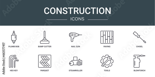 set of 10 outline web construction icons such as plumb bob, bump cutter, nail gun, paving, chisel, hex key, parquet vector icons for report, presentation, diagram, web design, mobile app