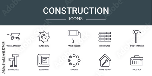 set of 10 outline web construction icons such as wheelbarrow, blade saw, paint roller, birck wall, brick hammer, boning rod, blueprint vector icons for report, presentation, diagram, web design,