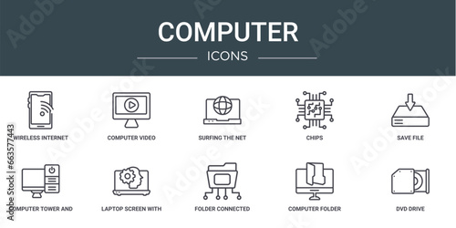 set of 10 outline web computer icons such as wireless internet connection, computer video, surfing the net, chips, save file, computer tower and monitor, laptop screen with human head graphic vector