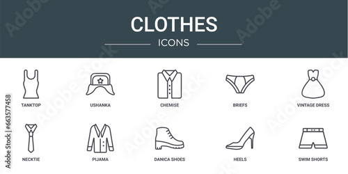 set of 10 outline web clothes icons such as tanktop, ushanka, chemise, briefs, vintage dress, necktie, pijama vector icons for report, presentation, diagram, web design, mobile app