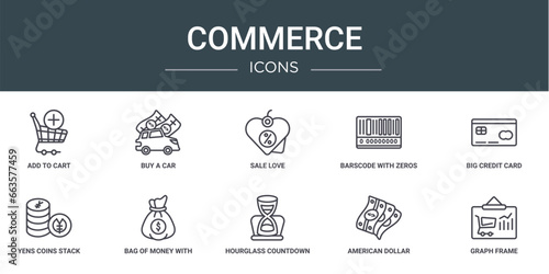 set of 10 outline web commerce icons such as add to cart, buy a car, sale love, barscode with zeros, big credit card, yens coins stack, bag of money with dollar vector icons for report,