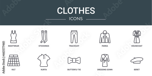 set of 10 outline web clothes icons such as nightwear, stockings, tracksuit, parka, housecoat, kilt, kurta vector icons for report, presentation, diagram, web design, mobile app
