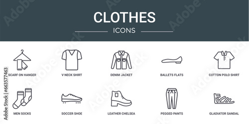 set of 10 outline web clothes icons such as scarf on hanger, v neck shirt, denim jacket, ballets flats, cotton polo shirt, men socks, soccer shoe vector icons for report, presentation, diagram, web