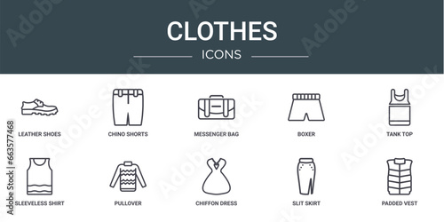 set of 10 outline web clothes icons such as leather shoes, chino shorts, messenger bag, boxer, tank top, sleeveless shirt, pullover vector icons for report, presentation, diagram, web design, mobile
