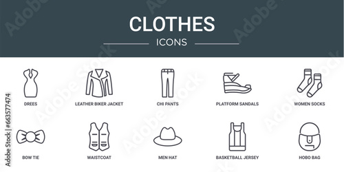 set of 10 outline web clothes icons such as drees, leather biker jacket, chi pants, platform sandals, women socks, bow tie, waistcoat vector icons for report, presentation, diagram, web design,