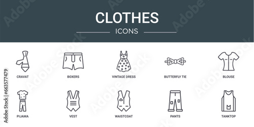 set of 10 outline web clothes icons such as cravat, boxers, vintage dress, butterfly tie, blouse, pijama, vest vector icons for report, presentation, diagram, web design, mobile app