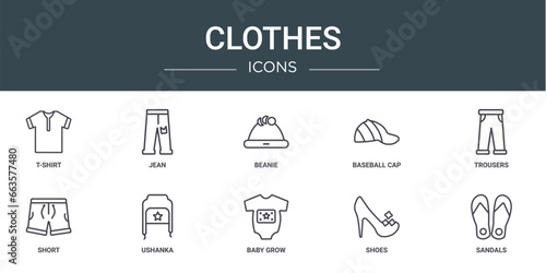set of 10 outline web clothes icons such as t-shirt, jean, beanie, baseball cap, trousers, short, ushanka vector icons for report, presentation, diagram, web design, mobile app
