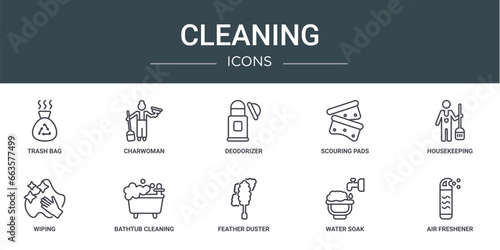 set of 10 outline web cleaning icons such as trash bag, charwoman, deodorizer, scouring pads, housekeeping, wiping, bathtub cleaning vector icons for report, presentation, diagram, web design,