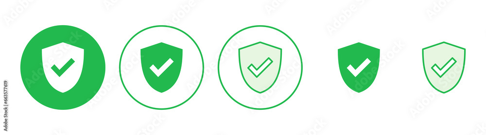 Shield check mark icon set. Protection approve sign. Safe icon vector Shield check mark icon set. Protection approve sign. Safe icon vector
