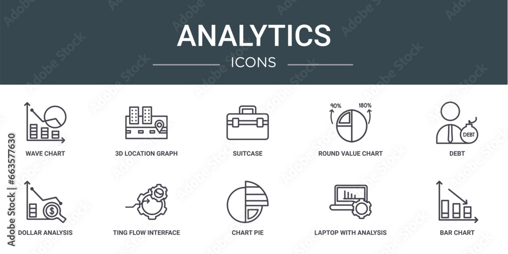set of 10 outline web analytics icons such as wave chart, 3d location graph, suitcase, round value chart, debt, dollar analysis bars, ting flow interface vector icons for report, presentation,