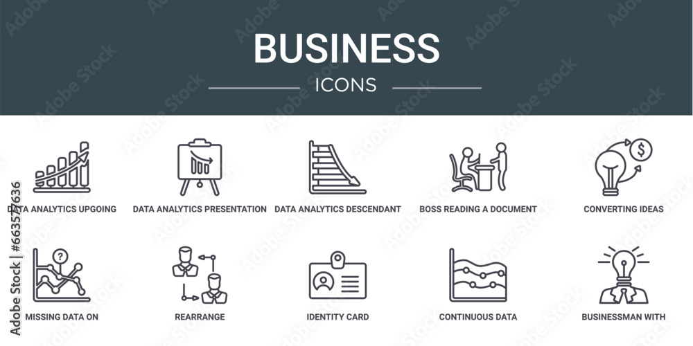 set of 10 outline web business icons such as data analytics upgoing bars chart, data analytics presentation screen, data analytics descendant graphic, boss reading a document, converting ideas in