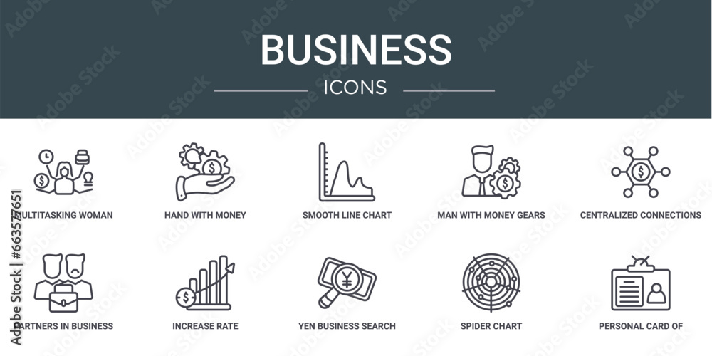 set of 10 outline web business icons such as multitasking woman, hand with money gear, smooth line chart, man with money gears, centralized connections, partners in business, increase rate vector