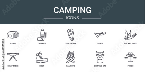 set of 10 outline web camping icons such as cabin, thermos, sun lotion, canoe, pocket knife, camp table, boot vector icons for report, presentation, diagram, web design, mobile app