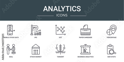 set of 10 outline web analytics icons such as mobile stock data, ipo, dot, paper shredder, percentage, deal, stock market vector icons for report, presentation, diagram, web design, mobile app