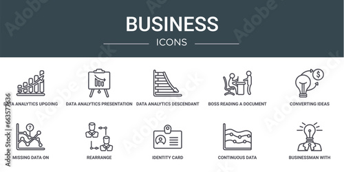 set of 10 outline web business icons such as data analytics upgoing bars chart, data analytics presentation screen, data analytics descendant graphic, boss reading a document, converting ideas in