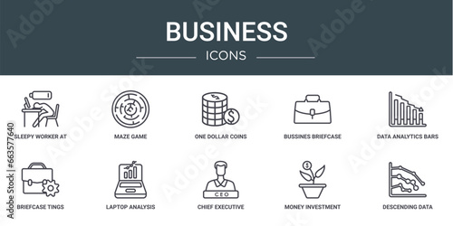 set of 10 outline web business icons such as sleepy worker at work, maze game, one dollar coins, bussines briefcase, data analytics bars chart with descendant line, briefcase tings, laptop analysis