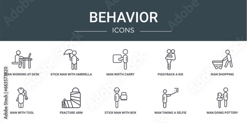 set of 10 outline web behavior icons such as man working at desk, stick man with umbrella, man wirth carry, piggyback a kid, shopping, with tool, fracture arm vector icons for report, presentation,