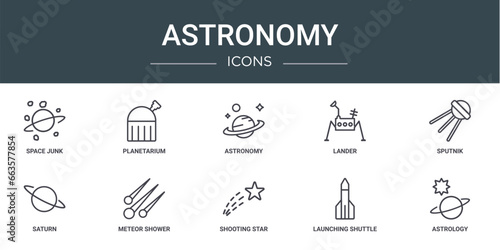 set of 10 outline web astronomy icons such as space junk, planetarium, astronomy, lander, sputnik, saturn, meteor shower vector icons for report, presentation, diagram, web design, mobile app