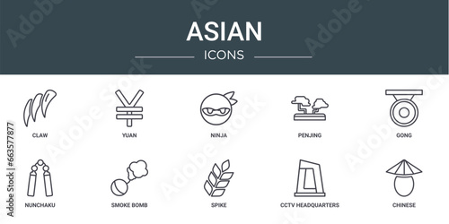 set of 10 outline web asian icons such as claw, yuan, ninja, penjing, gong, nunchaku, smoke bomb vector icons for report, presentation, diagram, web design, mobile app