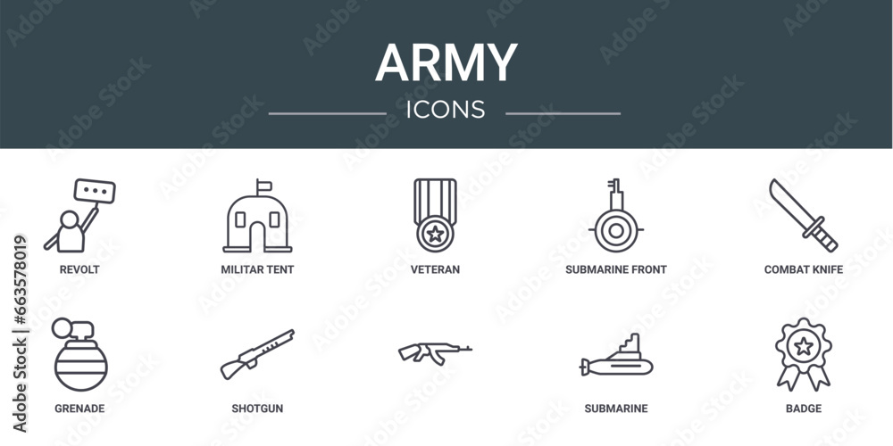 Naklejka premium set of 10 outline web army icons such as revolt, militar tent, veteran, submarine front view, combat knife, grenade, shotgun vector icons for report, presentation, diagram, web design, mobile app