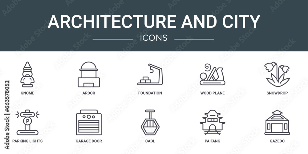 set of 10 outline web architecture and city icons such as gnome, arbor, foundation, wood plane, snowdrop, parking lights, garage door vector icons for report, presentation, diagram, web design,