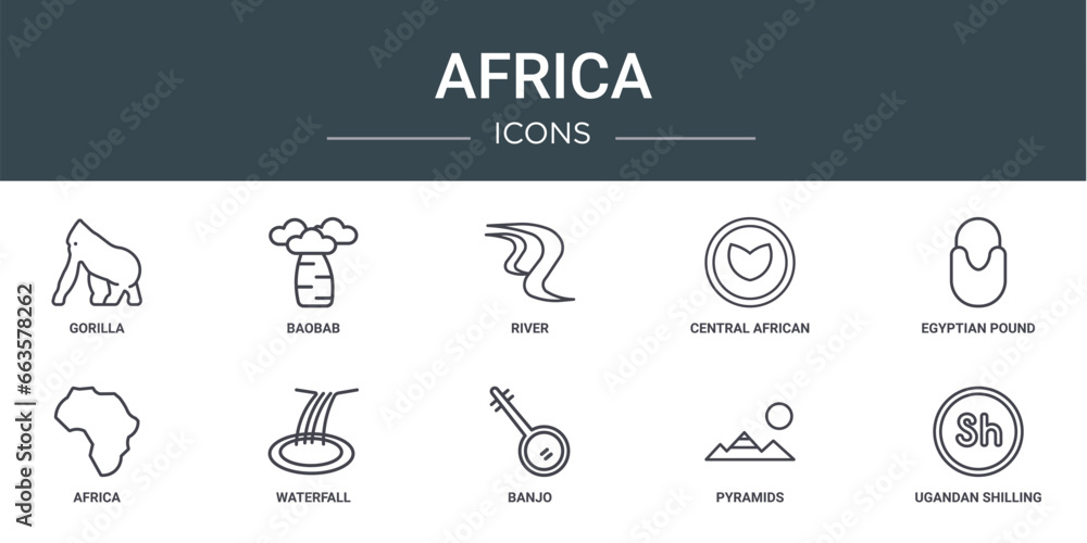 set of 10 outline web africa icons such as gorilla, baobab, river ...
