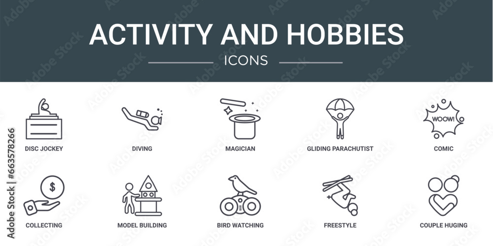 set of 10 outline web activity and hobbies icons such as disc jockey, diving, magician, gliding parachutist, comic, collecting, model building vector icons for report, presentation, diagram, web