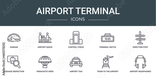 set of 10 outline web airport terminal icons such as hangar, airport queue, control check, terminal watch, direction post, luggage inspection, parachute open vector icons for report, presentation,