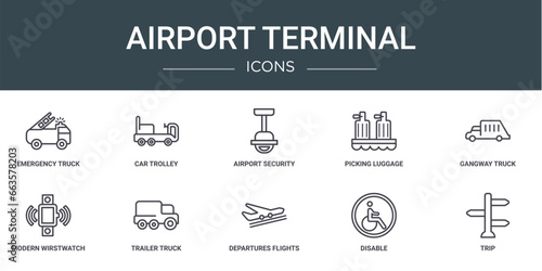 set of 10 outline web airport terminal icons such as emergency truck, car trolley, airport security camera, picking luggage, gangway truck, modern wirstwatch, trailer truck vector icons for report,