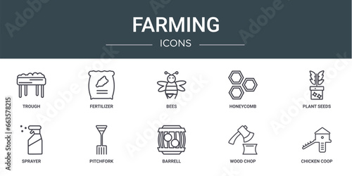set of 10 outline web farming icons such as trough, fertilizer, bees, honeycomb, plant seeds, sprayer, pitchfork vector icons for report, presentation, diagram, web design, mobile app