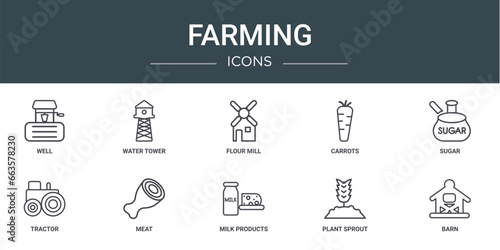 set of 10 outline web farming icons such as well, water tower, flour mill, carrots, sugar, tractor, meat vector icons for report, presentation, diagram, web design, mobile app