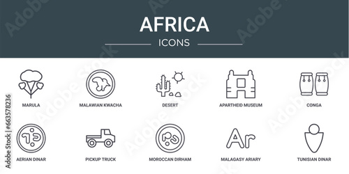 set of 10 outline web africa icons such as marula, malawian kwacha, desert, apartheid museum, conga, aerian dinar, pickup truck vector icons for report, presentation, diagram, web design, mobile app