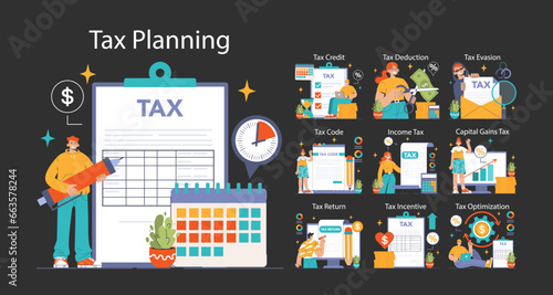 Tax optimization dark or night mode set. Financial efficiency, budgeting