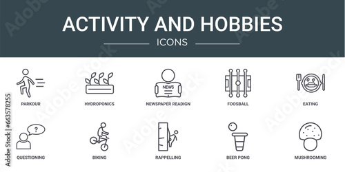set of 10 outline web activity and hobbies icons such as parkour, hydroponics, newspaper readign, foosball, eating, questioning, biking vector icons for report, presentation, diagram, web design,