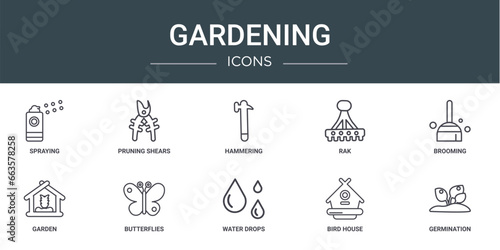 set of 10 outline web gardening icons such as spraying, pruning shears, hammering, rak, brooming, garden, butterflies vector icons for report, presentation, diagram, web design, mobile app
