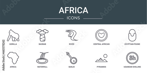 set of 10 outline web africa icons such as gorilla, baobab, river, central african franc, egyptian pound, africa, waterfall vector icons for report, presentation, diagram, web design, mobile app
