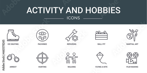 set of 10 outline web activity and hobbies icons such as ice skating, pachinko, repairing, ball pit, martial art, arrest, hunting vector icons for report, presentation, diagram, web design, mobile